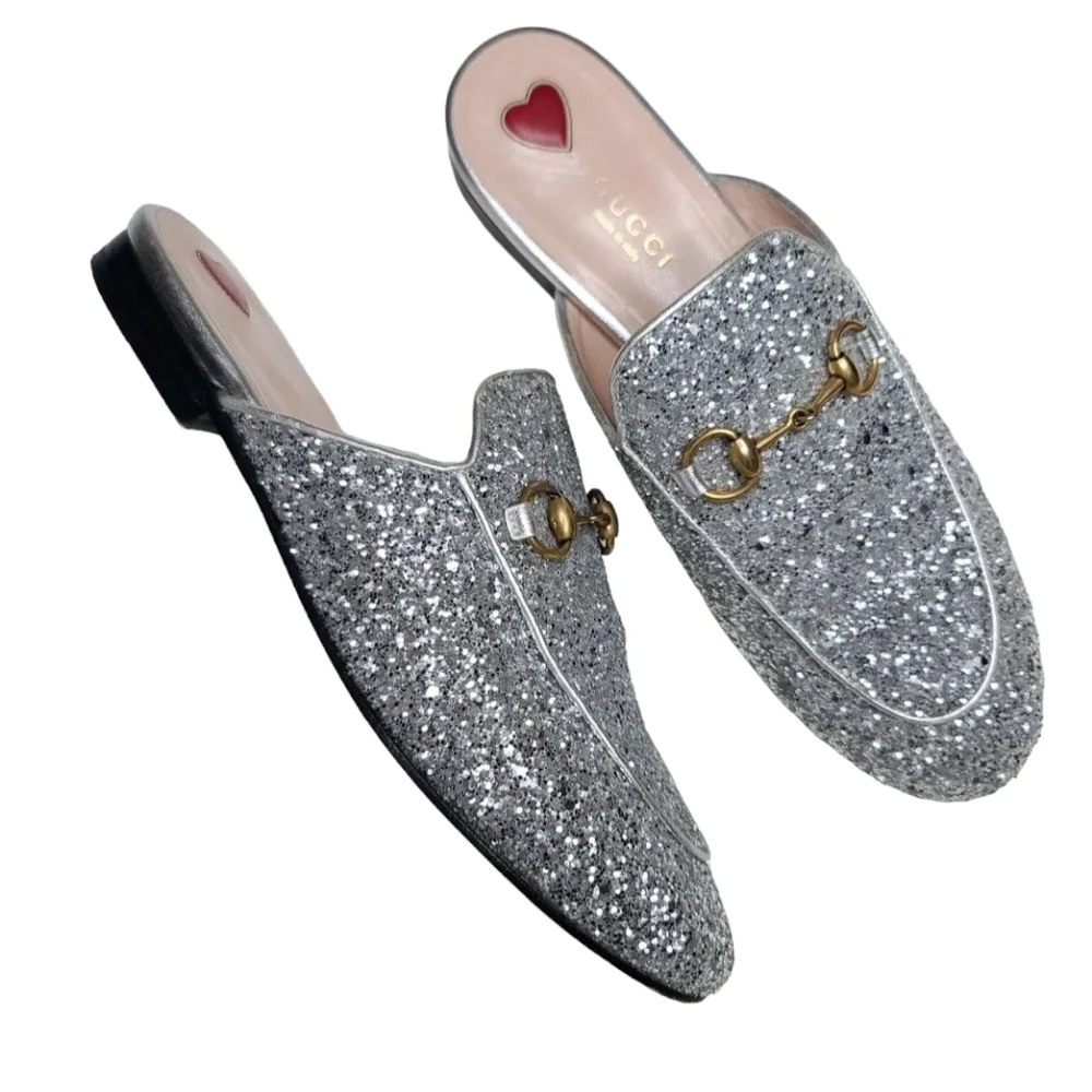 Gucci Princetown Size 37.5 US 7.5 Leather Mule Silver Glitter Slipper - Picture 1 of 9